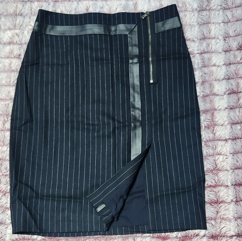 Pin-striped skirt with leather accent